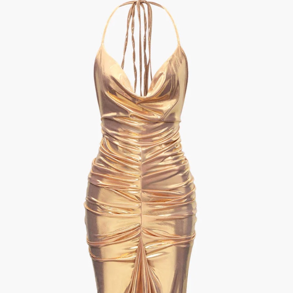 Metallic Ruched Halter Maxi Dress